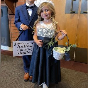 Little Girls Navy with White Lace Flower Girl Dress